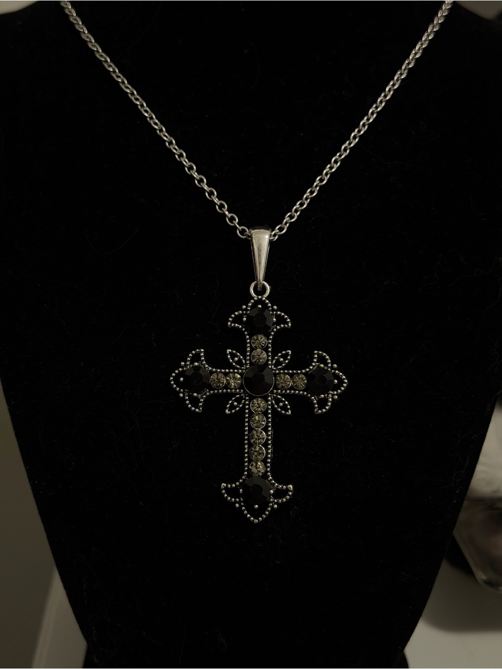 Y2K Gothic Silver-Tone Black Crystal Cross Pendant Necklace
